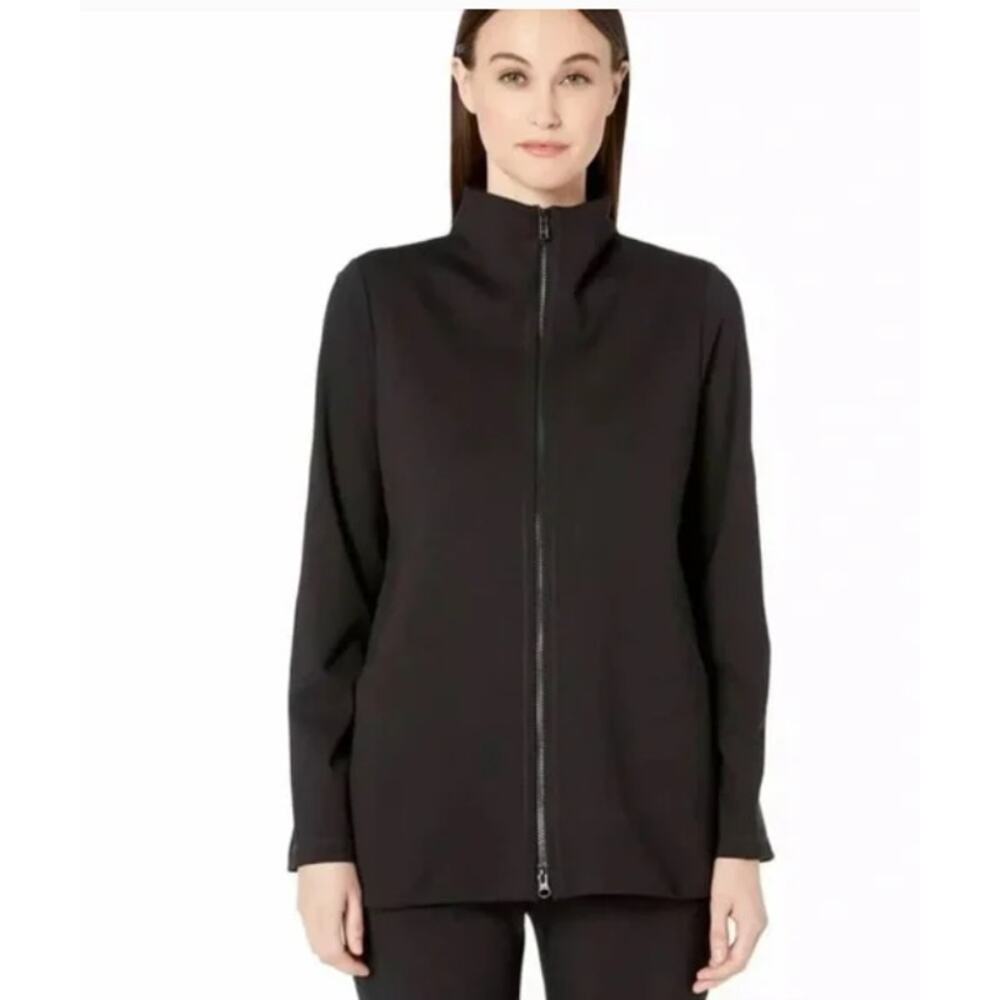Eileen Fisher Ponte Stand-Collar Zip-Up Jacket Size‎ L Black Active Travel FLAW